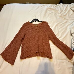 Elan Rust V-Neck Bell Sleeve Sweater